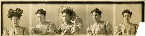 Woman in Five Poses with Hat, Magazine, and Parasol