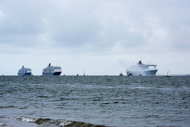 The three Queens lined up in the Mersey.