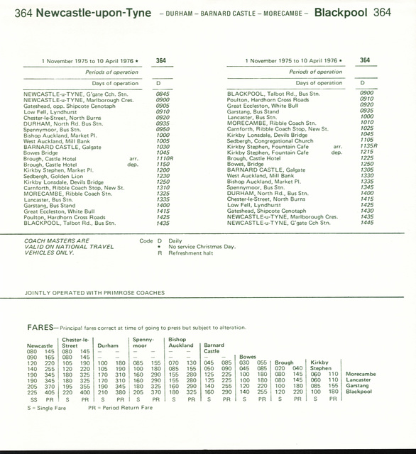 Primrose Coaches and National Travel Winter 1975-1976 timetable (as published by National Travel) Page 2