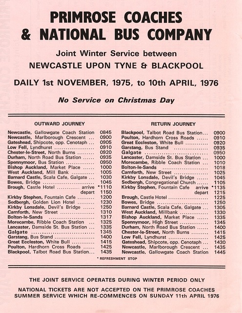 Primrose Coaches and National Travel Winter 1975-1976 timetable (as published by Primrose) Page 1