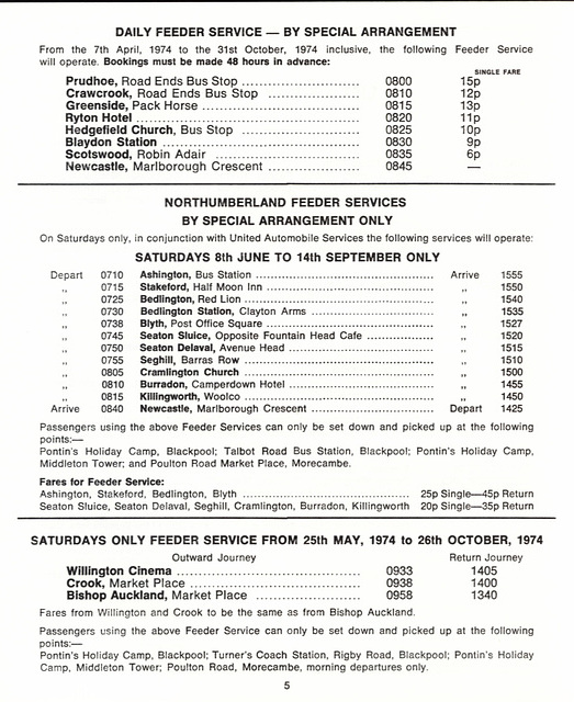 Primrose Coaches timetable Summer 1974 Page 5