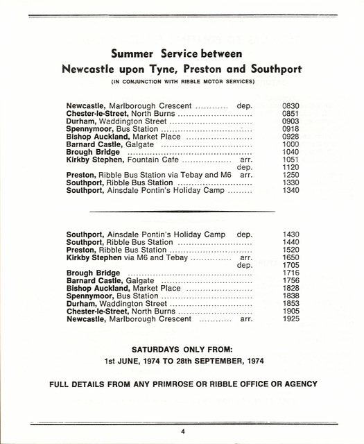 Primrose Coaches timetable Summer 1974 Page 4