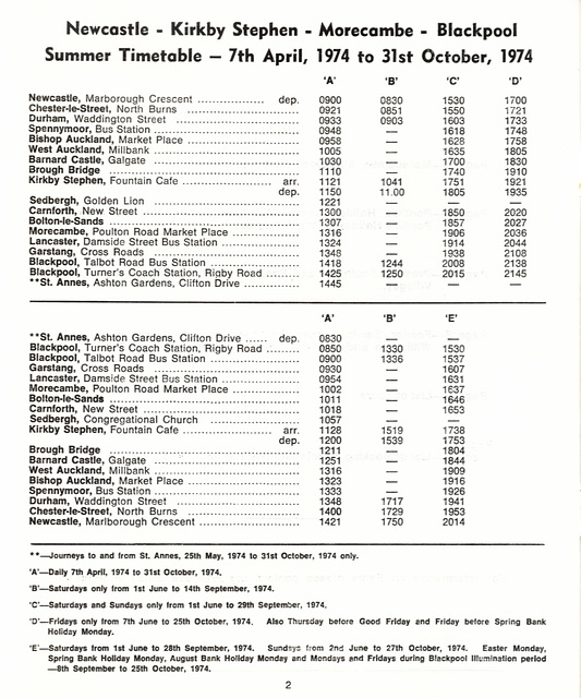 Primrose Coaches timetable Summer 1974 Page 2