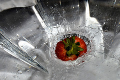 A strawberry lands in the water!