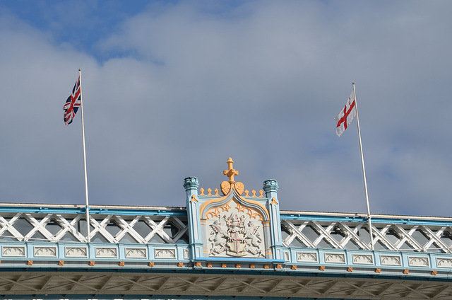 London, The Upper Crossbar of Tower Bridge with Flags and Coat of Arms