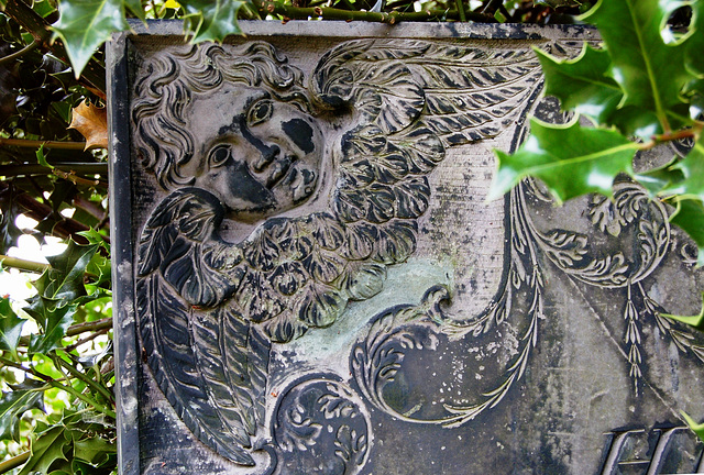 Detail of a churchyard monument now surrounded by holly, Twyford Church, Derbyshire