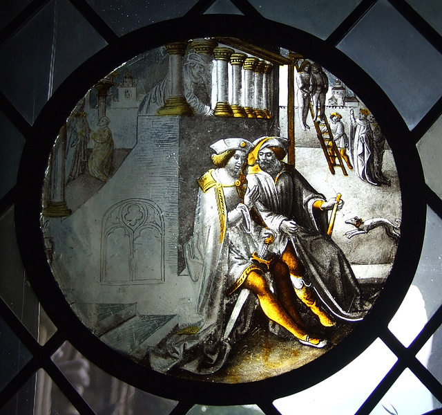 Mordecai Overhearing the Conspirators Stained Glass Roundel in the Cloisters, October 2010