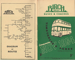 Birch Bros timetable cover and map - Nov 1954
