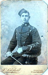Lance Corporal, Hussars?, with marksman's and signaller's proficiency sleeve badge, British Army c1890 (Cabinet Card)