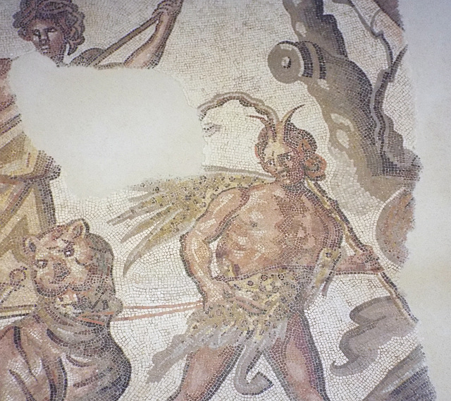 Detail of the Triumphal Entry of Bacchus Mosaic in the National Archaeological Museum in Madrid, October 2022