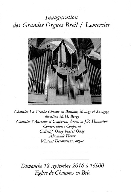 Inauguration des grandes orgues de Chaumes-en-Brie le 18/09/2016