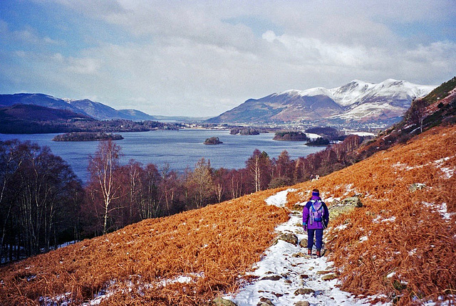 Looking along the eastern shore of Derwent Water, over Keswick, and on a snow covered Skiddaw (Scan from Feb 1996)