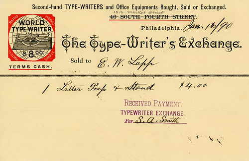 The Type-Writer's Exchange Billhead, Philadelphia, Pa., 1890