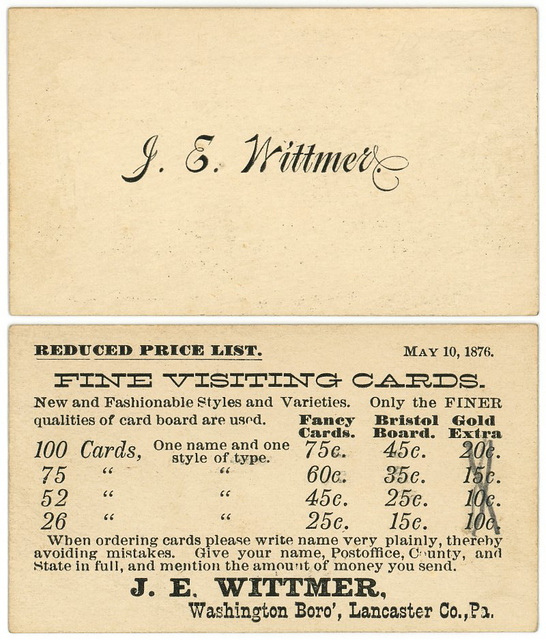 J. E. Wittmer, Visiting Cards Price List, Washington Boro, Pa., May 10, 1876