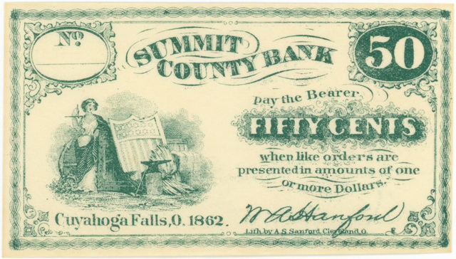 Fifty-Cent Bank Note, Summit County Bank, Cuyahoga Falls, Ohio, 1862