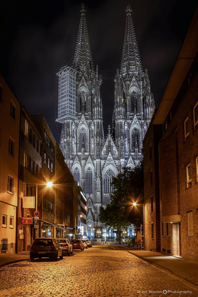 View of the West facade of Cologne Cathedral, Germany at night