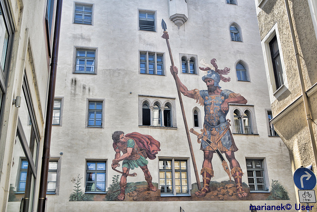 "David and Goliath as frescoes on medieval facade"-Regensburg