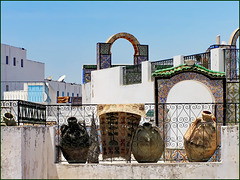 Tunisi : Grafismi, ringhiere , otri e tappeti decorano i tetti della Medina