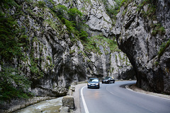 Romania, Two Cars on the Road in the Bicaz Gorge