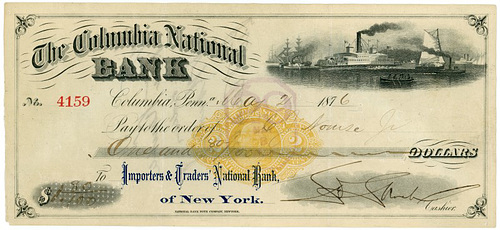 Columbia National Bank Check, Columbia, Pa., May 21, 1876