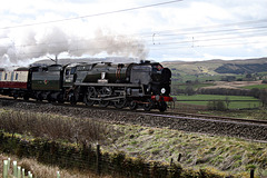 Bulleid West Country 34046 BRAUNTON at scout Green ,Shap with 1Z125 05.50 Rugby - Carlisle The Cumbrian Coast Express 9th April 2022.