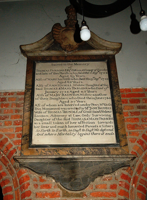 Thomas and Mary Parsons Memorial, Nave of St Mary's Old Church, Stoke Newington, Hackney, London