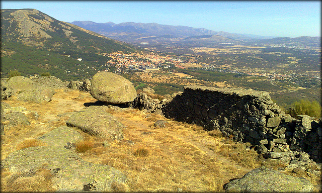 San Lorenzo de El Escorial from El Fraile, Las Machotas and an ancient dry stone wall