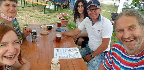 At a Brewery, with Our Builder, Ilir, and Family