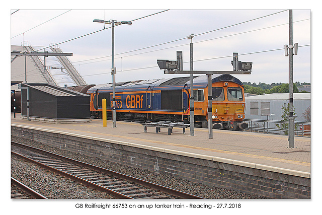 GB Railfreight 66753 on an up tanker train - Reading - 27 7 2018