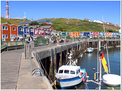 Colorful lobster huts at Heligoland harbor
