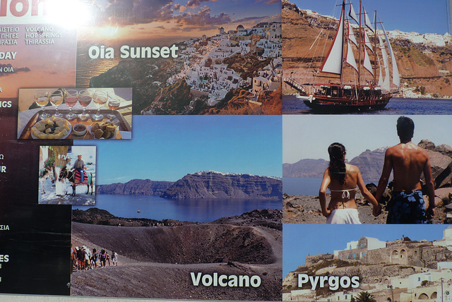 Cartel de propaganda turística en Fira-Santorini