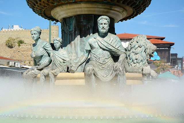 North Macedonia, Skopje, The Fountain of Monument „Philip II of Macedonia“ and the Rainbow