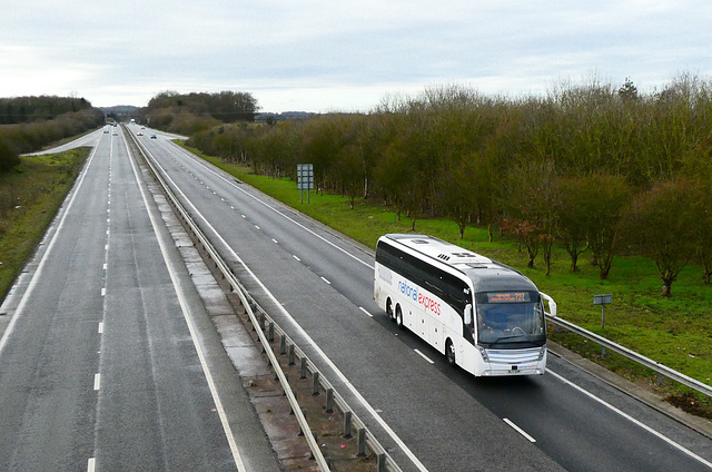 Whippet Coaches (National Express contractor) NX18 (BL17 XAW) on the A11 near Kennett - 27 Jan 2019 (P1000059)