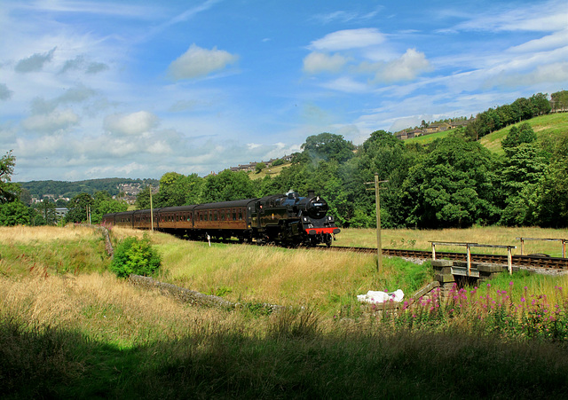 Locomotive 80002 leaves Haworth with a train for Oxenhope