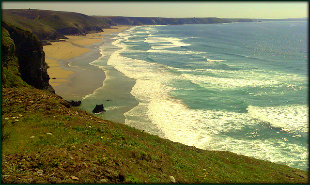 The sands at Chapel Porth and Porthtowan from the path leading from Wheal Coates tin mine to Tubby's Head, for Pam