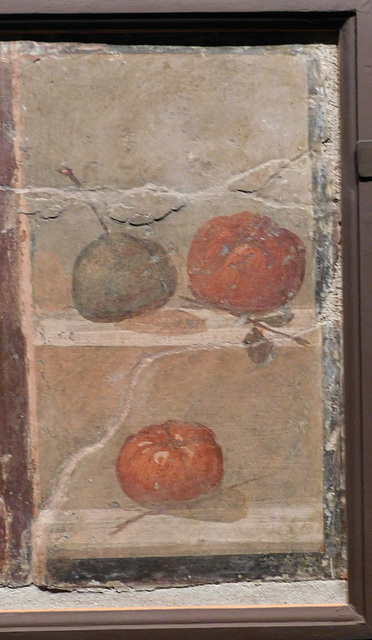 Detail of a Still Life Fragment with a Vase, Scroll, Landscape and Fruit Fresco from Herculaneum at ISAW, May 2022