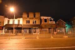 The fire-damaged buildings, like a ghost town