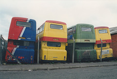 Bee-Line Buzz Company buses at Miall Street, Rochdale – 22 Mar 1992 (157-23)