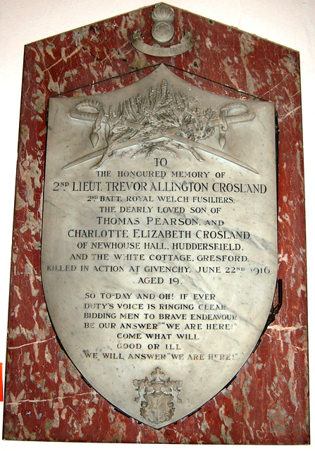 Memorial To 2nd Lieut Trevor Allington Crosland, Christ Church, Woodhouse Hill, Huddersfield, West Yorkshire