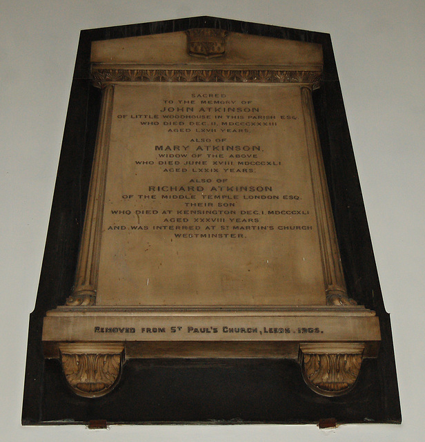 Memorial to Mary, Richard, and John Atkinson, Holy Trinity, Boar Lane, Leeds