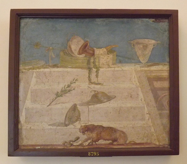 Wall Painting with Dionysiac Symbols from the Praedia of Julia Felix in Pompeii in the Naples Archaeological Museum, July 2012