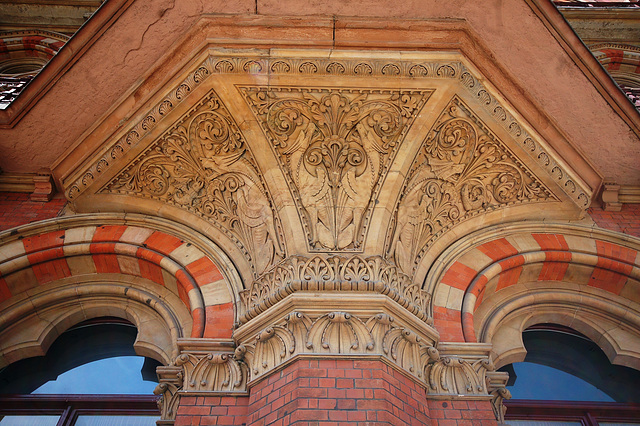 Wyverns carved upon the underside of an orial window, Saint Pancras Hotel, Euston Road, Camden, Greater London