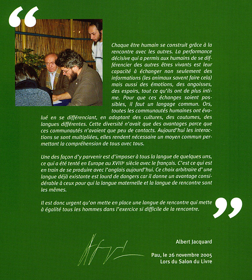 Albert Jacquard, Couverture de dos du Cours rationnel d'espéranto édité par SAT-Amikaro en 2006