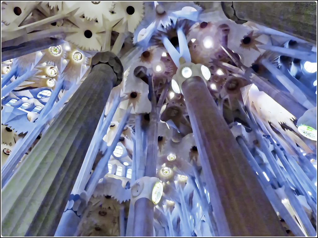 Barcellona: Le possenti colonne che reggono la Sagrada Familia - la costruzione di questa cattedrale è iniziata nel 1875 , oggi è quasi terminata - nel 2010 è stata consacrata come Basilica - Antoni Gaudi è morto nel 1925 - vds Wikipedia