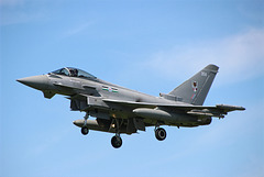 An RAF Typhoon FGR-4 aircraft from 12 Squadron landing at Coningsby