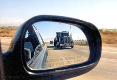 "Objects in mirror are closer than they appear!"  (PiP)