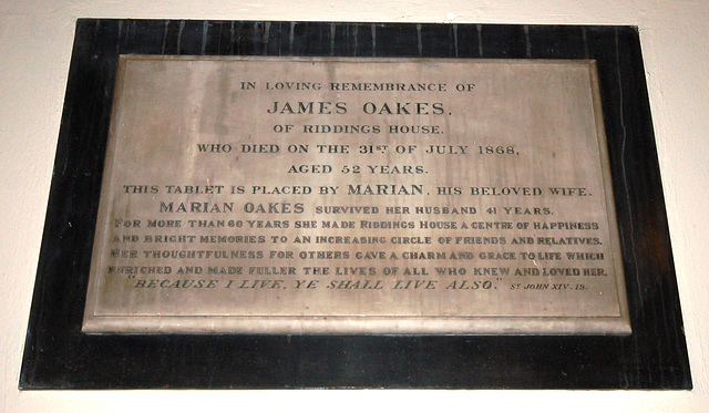 Memorial to James and Marian Oakes of Riddings House, Saint James Church, Riddings, Derbyshire