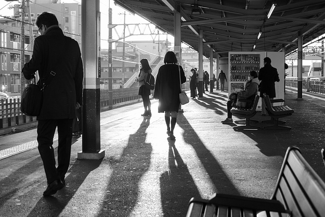 Long shadow on the morning platform