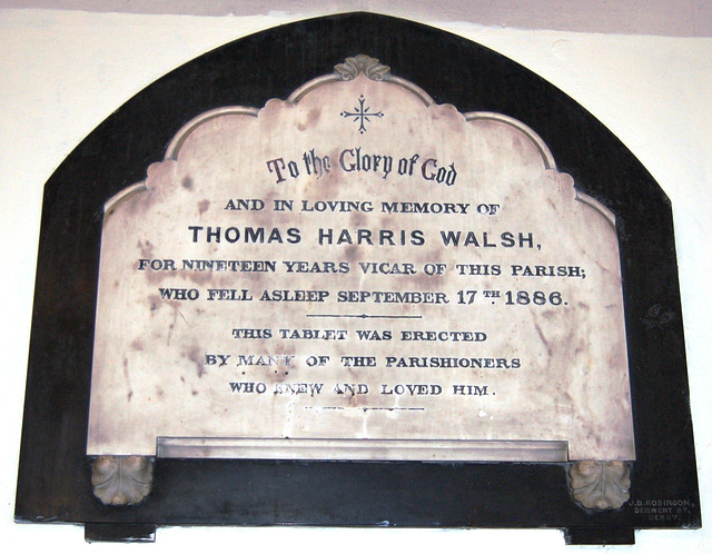 Memorial to Thomas Harris Walsh (d1886), Saint James Church, Riddings, Derbyshire. Designed and manufactured by Joseph Barlow Robinson of Derby