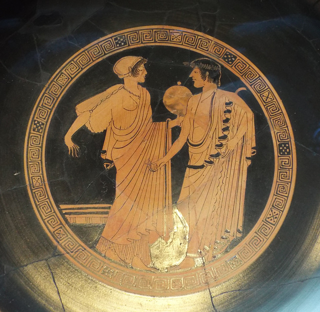 Detail of a Kylix with a Flirtation Scene Attributed to the Briseis Painter in the Getty Villa, June 2016